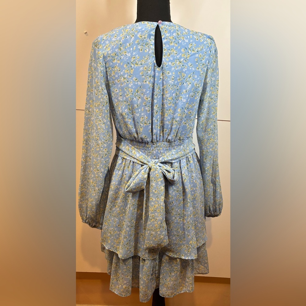 Japna Light Blue Floral Wrap-Style Long Sleeve Dress Size Medium - Picture 3 of 8